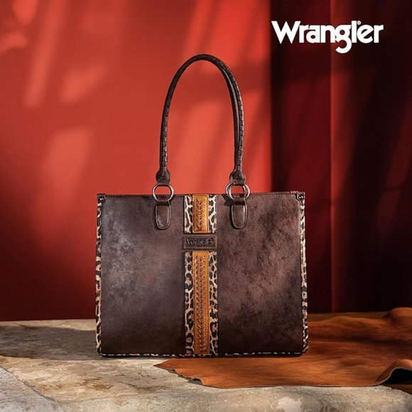 Wrangler Handbags - Wrangler Brown & Leopard Large Western Vegan Leather Purse Shoulder Bag Tote NWT